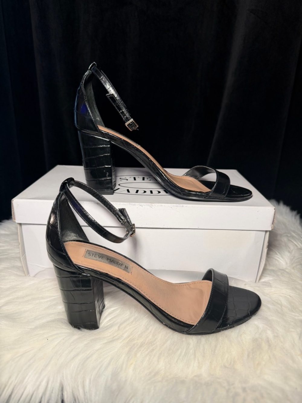 Steve Madden Black Croc-Embossed Ankle Strap Block Heel Sandals - Picture 3 of 11